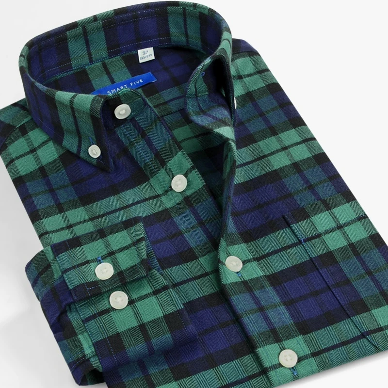 Camisas inteligentes de franela para hombre, camisa de manga larga a cuadros verde oscuro, ajustada, talla grande 44 45 46|Camisas informales| -