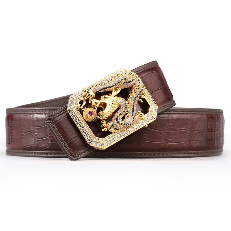 McParko Crocodile Belt Mens Leather Belts With Buckle Luxury Animal Design Genuine Leather Waist Belt with rhinestones Buckle - Цвет: Loong Brown