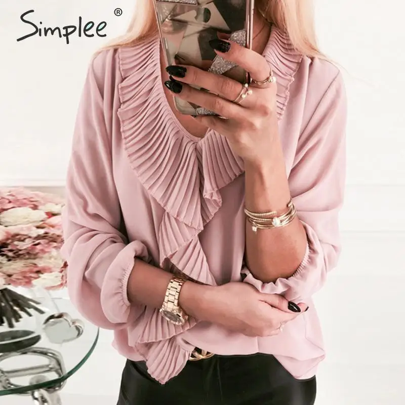 Simplee женская блузка с оборками рубашка уличная однотонная Повседневная Блузка