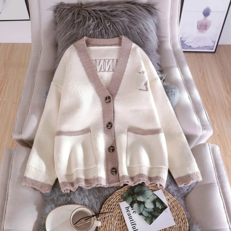Creamy-white Модный вязаный кардиган женские осенние свободные трикотажные пальто с v-образным вырезом однобортный толстый свитер студенческие повседневные куртки - Цвет: Creamy-white