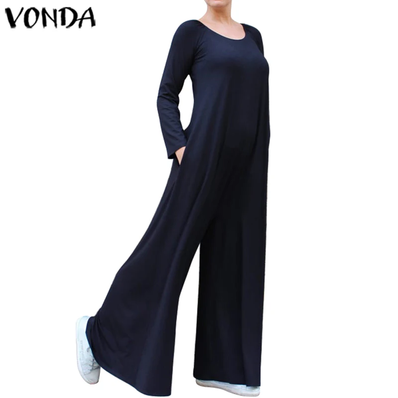 VONDA, модные комбинезоны с длинным рукавом, женские комбинезоны, повседневные, свободные, одноцветные, с круглым вырезом, широкие штаны, богемные, длинные, комбинезоны, 5XL - Цвет: Темно-синий