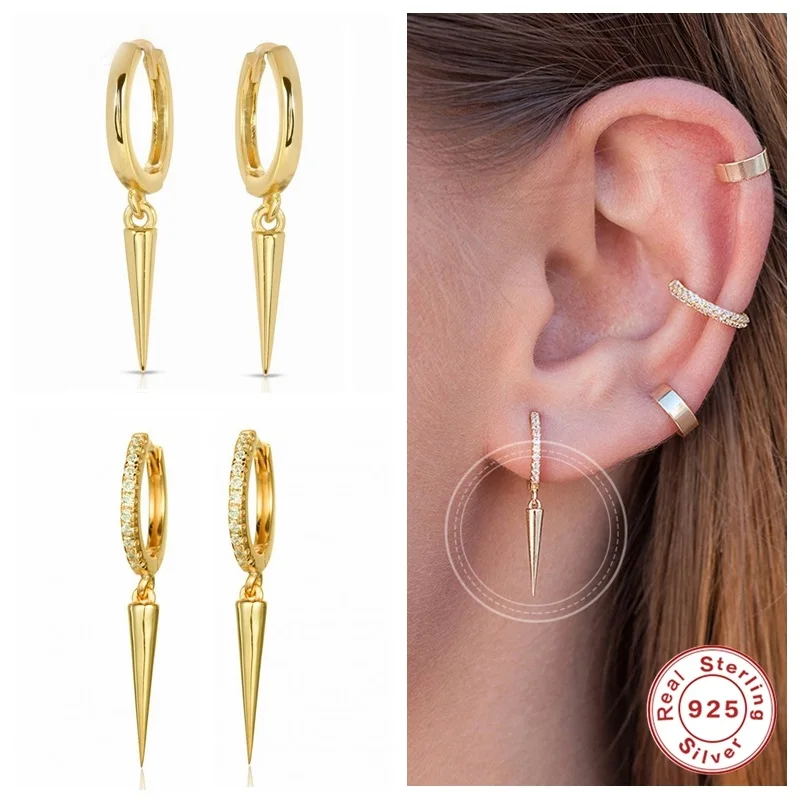 Ayudante minimalista de Plata de Ley 925 pincho plateado pendientes de aro pendientes de las mujeres con amuleto con forma de pincho oro pequeño pendientes de aro dorados