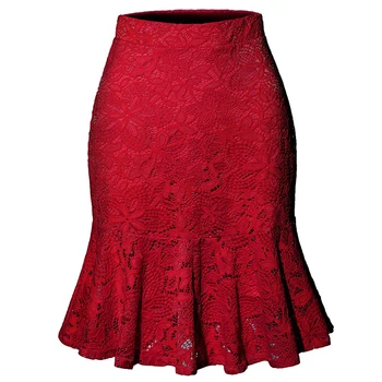 

2020 New Red casual solid high waist office lady lace skirts for women pleated sexy mermaid skirt ladies elegant skirts bottom