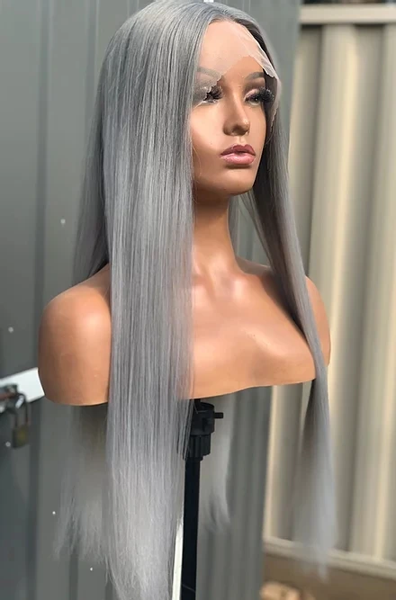 Dianteira do Laço Resistente ao Calor do Cabelo Sintéticas do Laço para Mulher Peruca Sintético Cinza Longo Reta Glueless Parte Média Perucas 3 Apliques e perucas