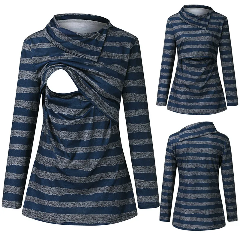 Telotuny Maternity Breastfeeding Clothes Nursing Top Women Pregnant Nursing Maternity High Neck Long Sleeve Stripe Blouse Tops