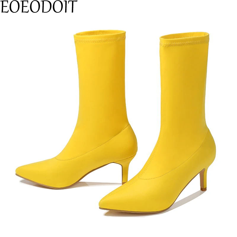 EOEODOIT/Сапоги на каблуке-шпильке 6 см; носки; женские осенние туфли ярких цветов с острым носком без застежки; большие размеры; туфли из лайкры; туфли-лодочки на высоком каблуке