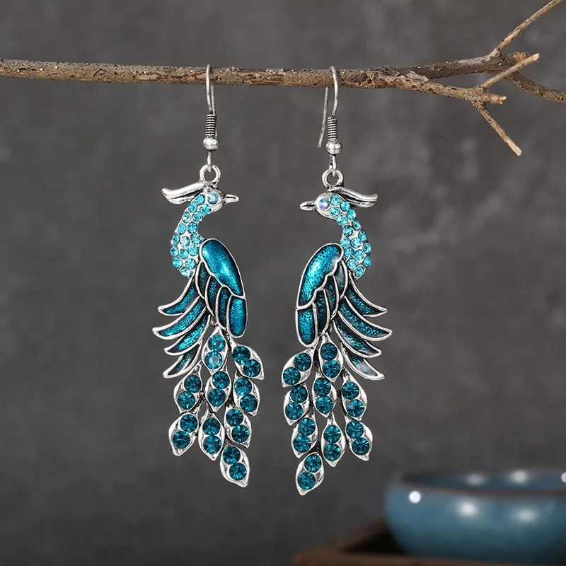 Blue Rhinestone Ethnic Peacock Earrings Indian Jewelry Vintage Silver Color Crystal Dangle Hanging Earrings For Women Pendientes