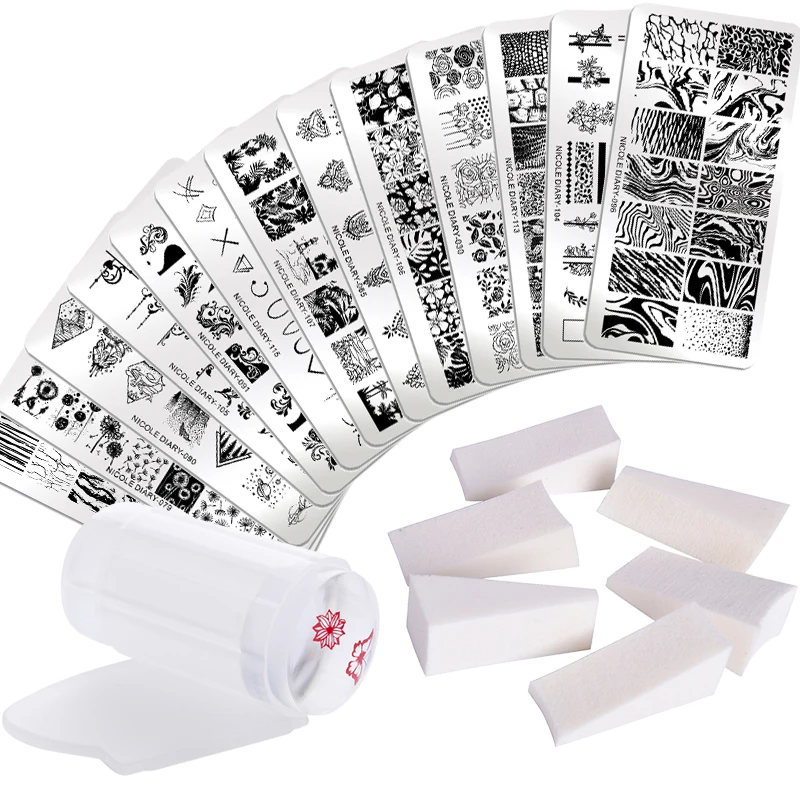 

NICOLE DIARY 1 Set Nail Stamping Plates Marble Geometry Lace Flower with Jelly Stamper Scrapper Sponge Template Stencil Tool Kit