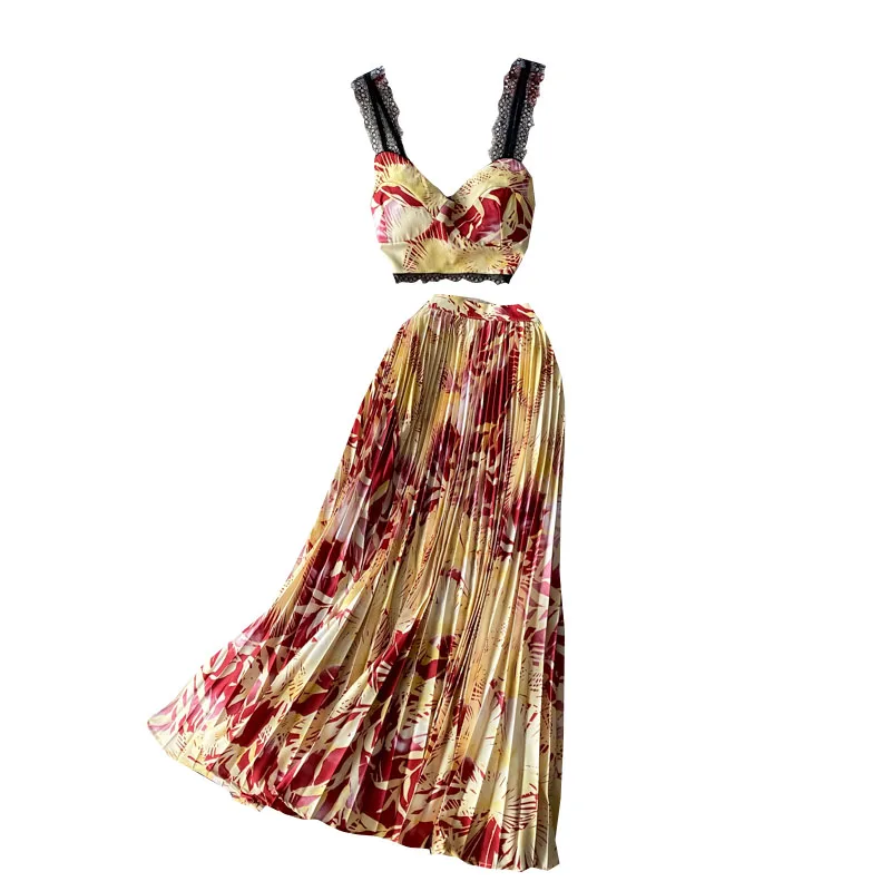 Conjunto de playa de vacaciones bohemias para mujer, Tops cortos con estampado Floral sin tirantes y falda larga plisada de cintura alta, traje de primavera y verano, 2 uds.