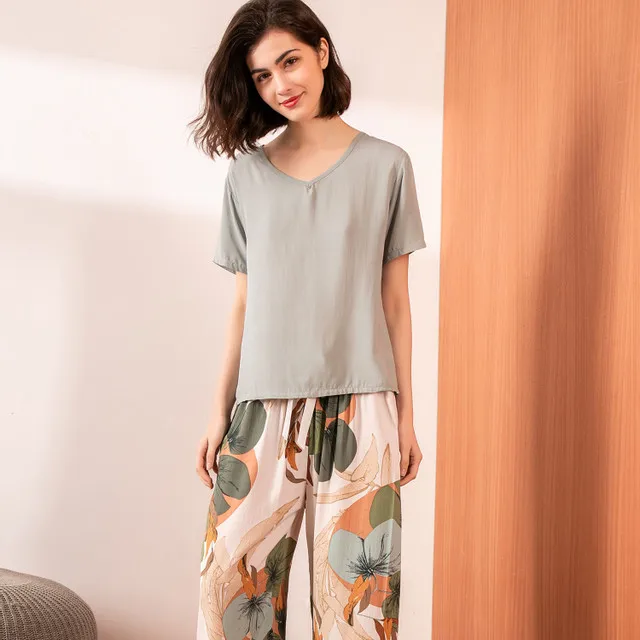 Breathable 2PCS Pajama Short Sleeve Printed Pijama Mujer Femme Loose Nightwear Suit Female Casual Homewear Pajama Set For Women F