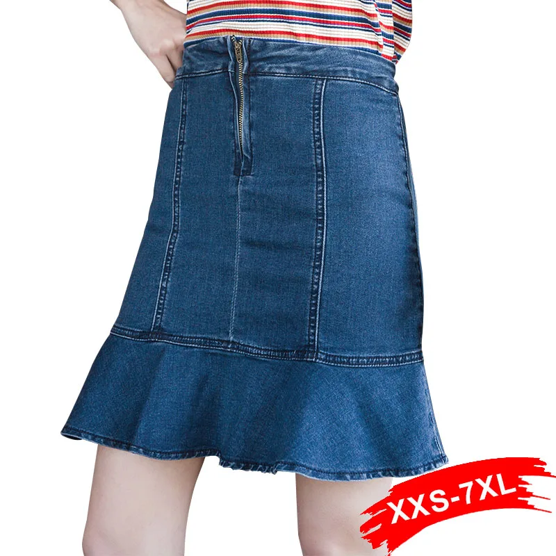 Plus Size Ruffles Flare Mini Pencil Denim Skirts 4Xl 5Xl Sexy Lady Stretch Skinny High Waist Bodycon Short | Женская одежда