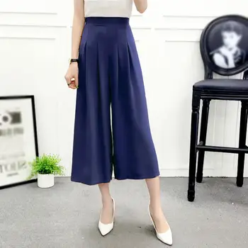 

Women's Casual Summer Chiffon High Waist Elastic Wide Leg Loose Calf-Length Pants