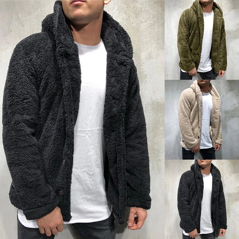 

2019 Winter Warm Fluffy Fleece Fur Hooded Coat Men Thick Hoodies Tops Outerwear Long Sleeve Cardigans Sweatshirts