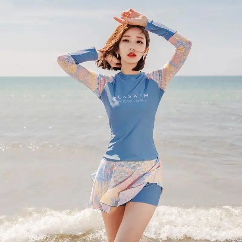 Women's Swimwear 2022 Split Sports Skirt-Style Long-Sleeved Sunscreen Swimsuit Swimming Class Korea Thin Two-Piece Bathing Suit | Спорт и