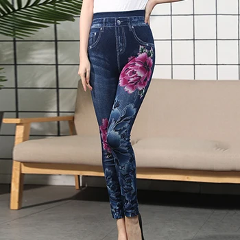 

2019 Women Winter Fleece Leggings Slim Fit Pencil Pants Warm Casual Elastic Faux Denim Jeans Trousers Floral Printed Mom Pants