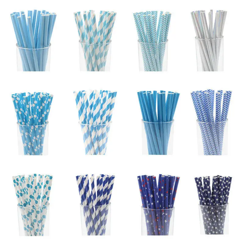 

25pcs Paper Straws Birthday Wedding Party Decorations Adult Kids Disposable Tableware Sliver Blue Paper Straws Party Supplies