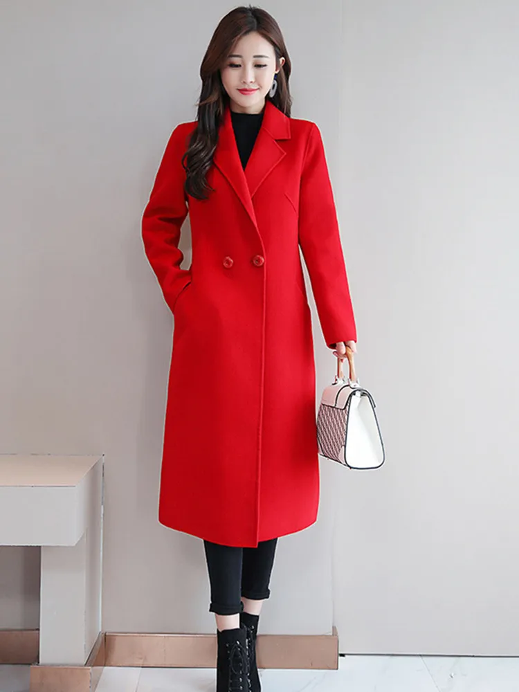 1 Women Woolen Coat Autumn Winter New Double-breasted Long Sleeve Loose Coats Turn-Down Collar Outwear Plus Size S~3XL - Color: 1