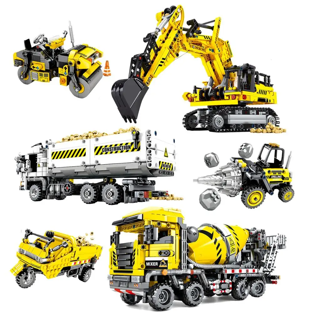 

High-Tech Building Block Construction Agitator Truck Digger Tipper Truck Engineering Educational Bricks