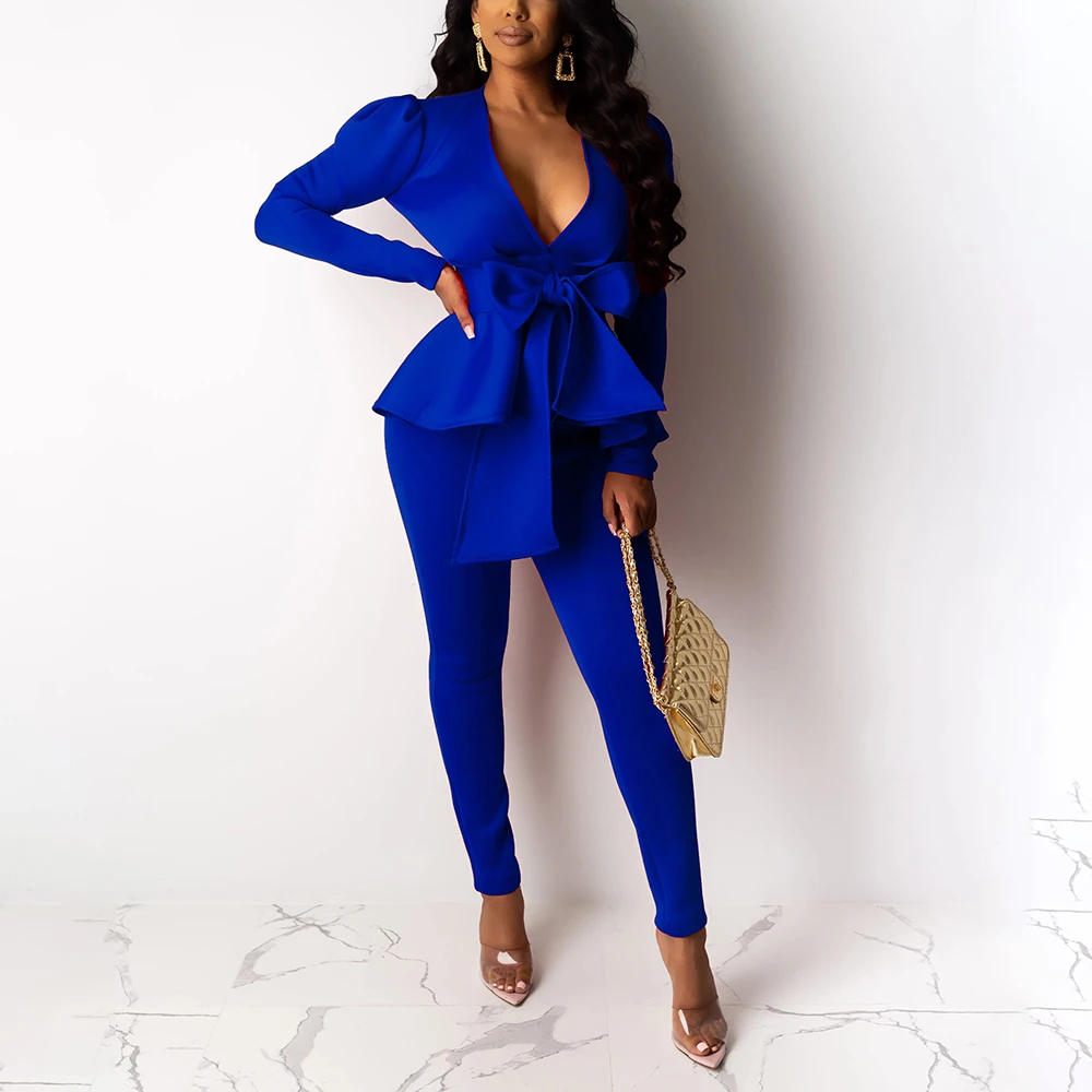 Party Two Piece Sets Elegant Office Ladies Sexy V-Neck Solid Coat and Slim Pencil Pants Suits Sets Fashion Women Set Plus Size