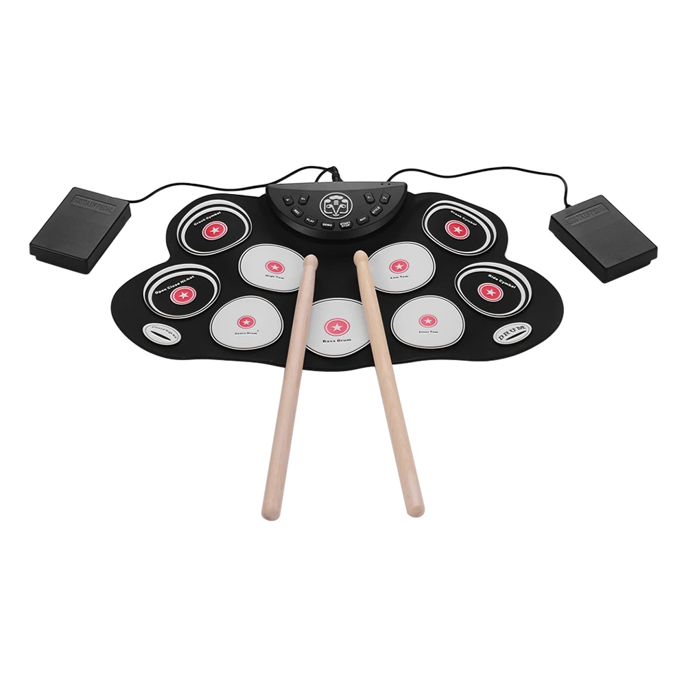 

Ultra-Compact Electronic Drum Set Digital Roll-Up Drum Kit 9 Drum Pads Support Recording Function with 2 Foot Pedals Drum Sticks