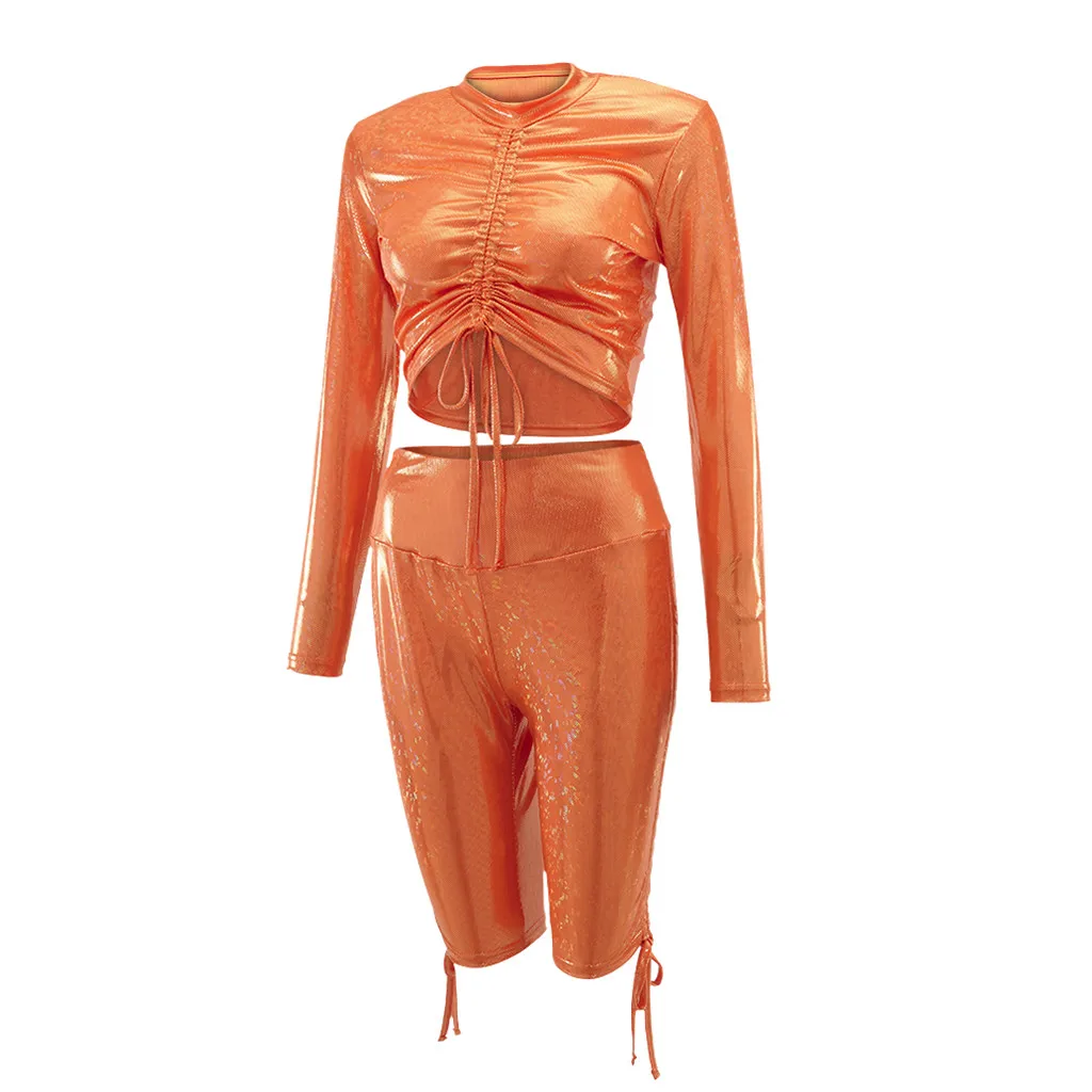 Women Sequins Sexy Running Jogging Suit Outdoor Sport 2Pcs Set Female Long Sleeve Crooped Top and Short Tracksuit For Summer