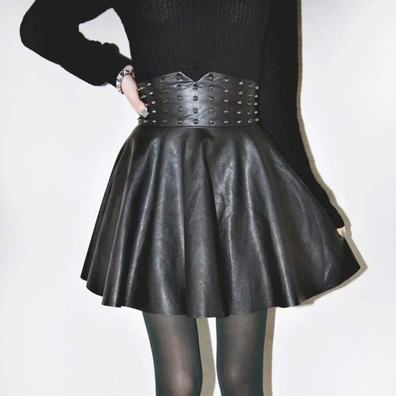 Новые весенние Осенние сексуальные юбки из искусственной кожи женские плиссированные юбки с заклепками офисные юбки трапециевидной формы с высокой талией размера плюс yy229