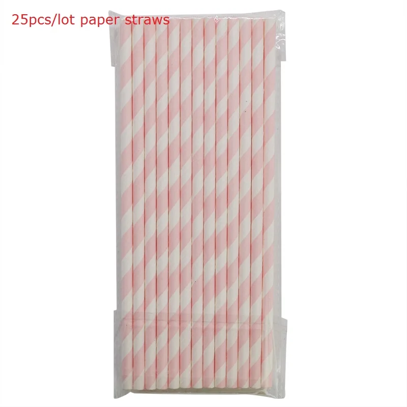 25pcs pink straw Цвета: розовый, белый Вечерние набор одноразовой посуды бумажный стаканчик, тарелка салфетки питьевые соломки для маленьких детей День рождения Baby Shower поставки - Цвет: 25pcs pink straw