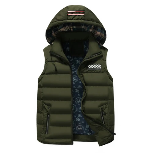 Army Green Мужской жилет с капюшоном, размеры M-3XL, на молнии, мужские повседневные жилеты, простой стиль, мужской жилет, куртки - Цвет: Army Green
