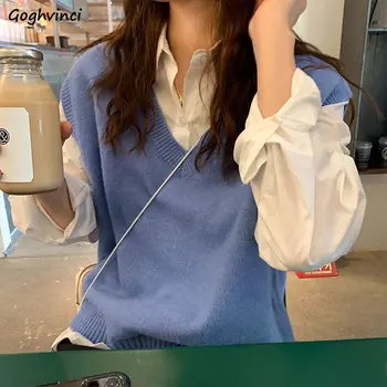 

Women Sweater Vest Autumn Solid Retro Sleeveless V-neck Ins Fashion Casual Loose Womens Waistcoat Simple All-match Korean BF New