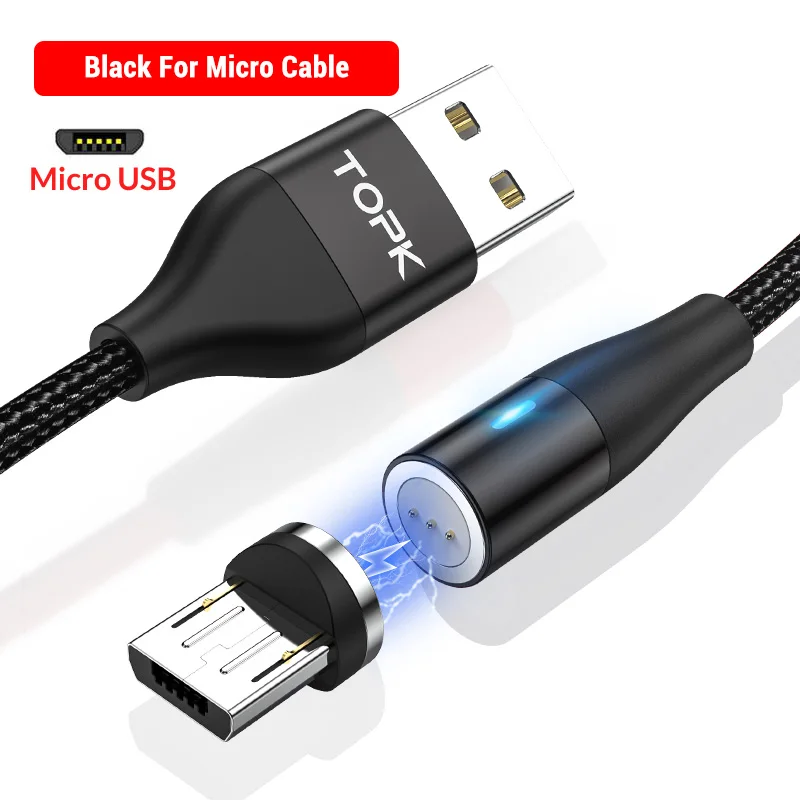 TOPK AM60 3A светодиодный кабель для быстрой зарядки Micro usb type C для iPhone Xs Max 8 7 6 - Цвет: Micro Cable Black