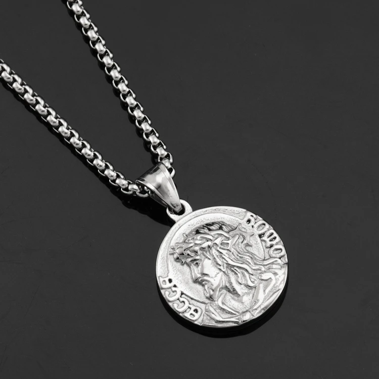 silver Золотая серебряная круглая подвеска с Иисусом из нержавеющей стали, ожерелье в стиле хип-хоп из металла для женщин и мужчин, ювелирные изделия в винтажном стиле, Прямая - Окраска металла: silver