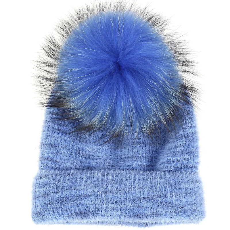 light blue B Geebro, женские вязаные пушистые шапочки, женские шапочки, вязаные женские шапочки, шапки с мяч из натурального меха енота, женская теплая шапка - Цвет: light blue B