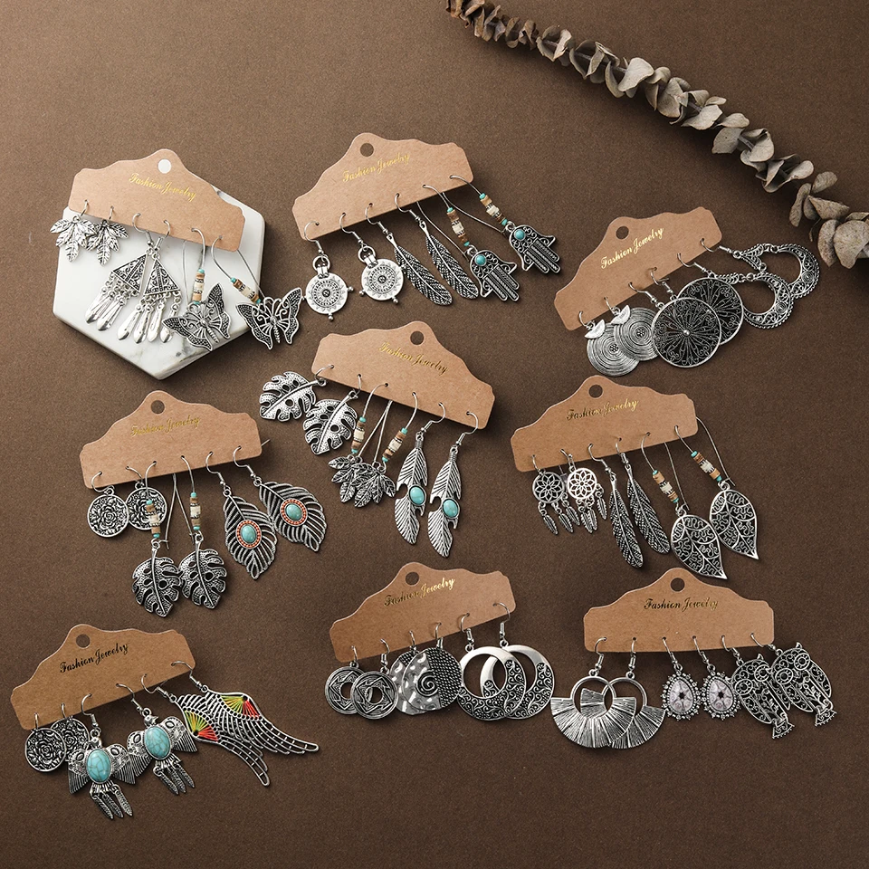 Несколько женских этнических серебряных висячих сережек в стиле бохо модные