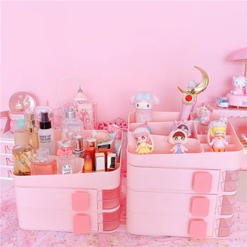 

Newest Kawaii Pink Saving Space Desktop Cosmetics Storage Drawer Box Bathroom Makeup Box Storage Organizer