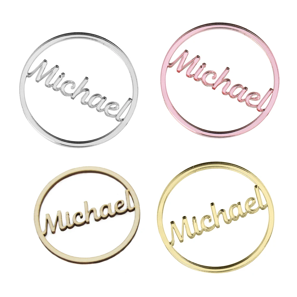 

100PCS Personalized Engraved Tags Name Logo Custom Round Acrylic Mirror Gift Baby Shower Favors Wedding Decor Wooden Decoration