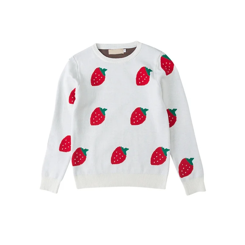 Girls Sweater Knit Round Neck Pullover Strawberry Jacquard Princess Bottoming Shirt New