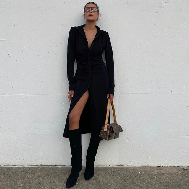 NewAsia Black Winter Dress Women Turndown Collar Button Long Sleeve Casual Dresses See Through Sexy Midi Dress Streetwear 2020 2