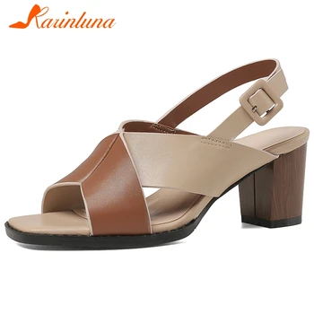 

Karinluna Fashion Hot Sale Genuine Cow Leather Square High Heels Shoes Woman Sandals Female Buckle Strap Summer Sandals Women