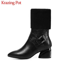 Krazing Pot/вязаные носки из натуральной кожи для отдыха женские сапоги до середины икры с острым носком на высоком каблуке с пряжкой и ремешками; L69