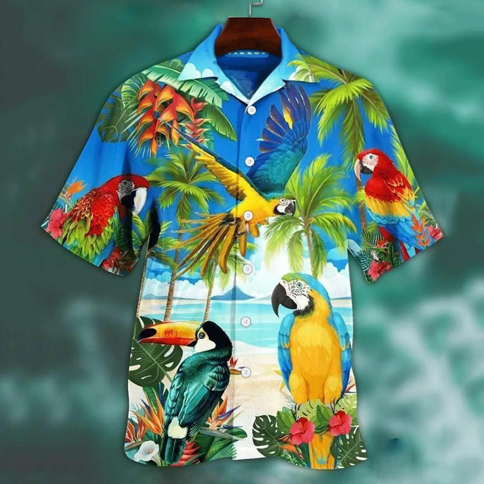Animal Parrot Print Patchwork Fashion Hawaiian Men Shirt Cool Turn Down Collar Short Sleeve Streetwear Beach Summer Chic 3