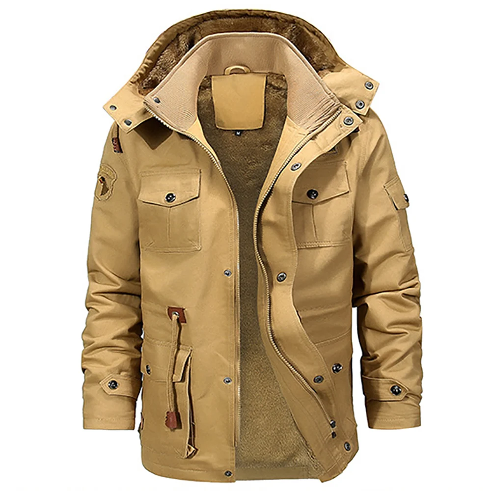 Хаки Мужская зимняя куртка, Мужская Флисовая теплая утолщенная куртка, Толстая теплая парка, флисовая Меховая куртка с капюшоном, милитари, зимнее пальто, ветровка, куртки D20 - Цвет: Хаки