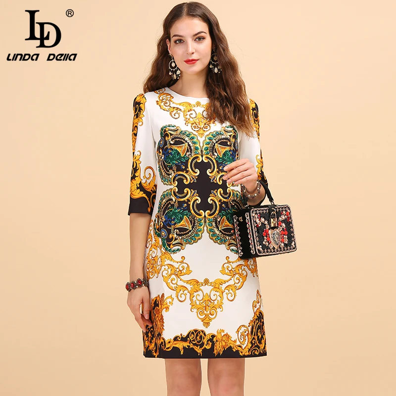 Billig LD LINDA DELLA Herbst Fashion Runway Kleid frauen Halbe Hülse Wunderschöne Retro Gedruckt Sicken Lose Vintage Kleid