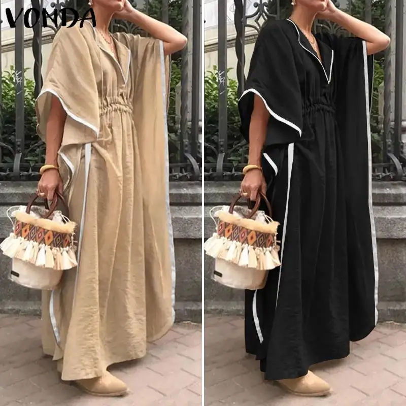 VONDA однотонное платье повседневное с рукавами пляжный сарафан богемный Vestidos Весна Лето роковой вечернее платье плюс