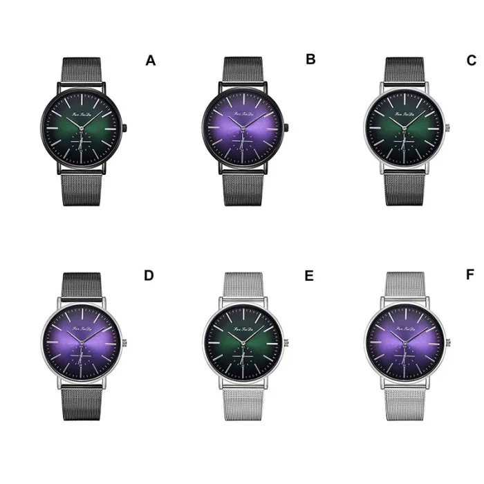 Мужские кварцевые часы Зеленый Фиолетовый Круглый циферблат с сетчатым ремешком из сплава LL@ 17