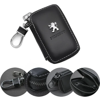 

1PCS Auto Parts Car Key case Leather Key Chain Keychain Holder Metal Hook and Keyring Zipper Bag For Remote Key Fob For Peugeot