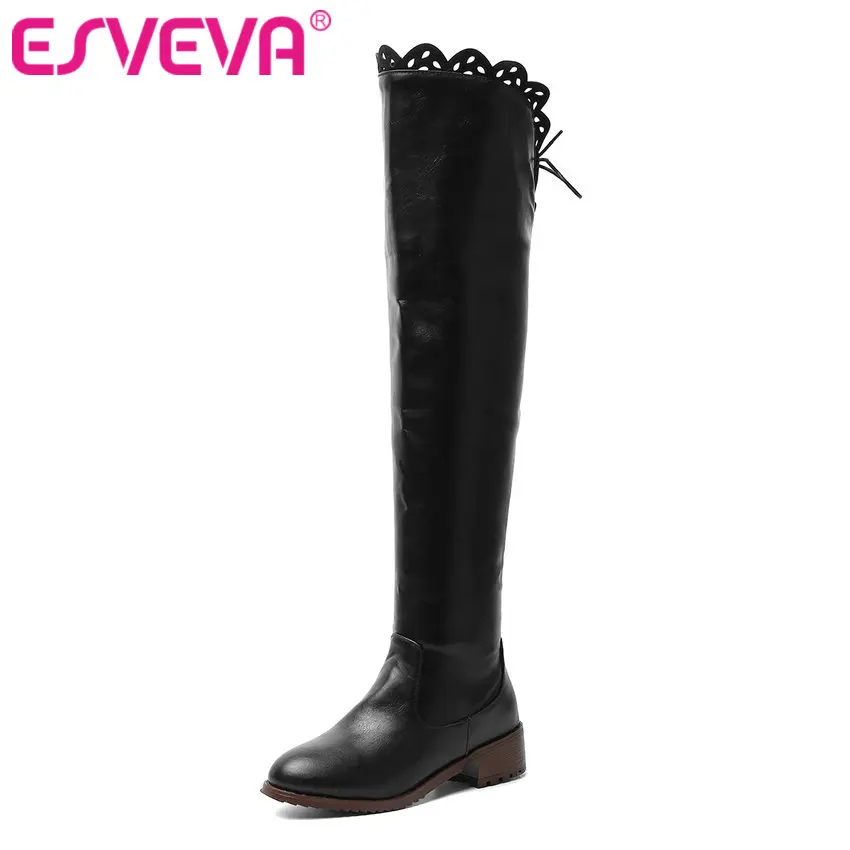 

ESVEVA 2020 Women Women Over The Knee Boots Winter Women Boots Square Med Heel Lace Up Elastic Motorcycle Boots Size 34-43