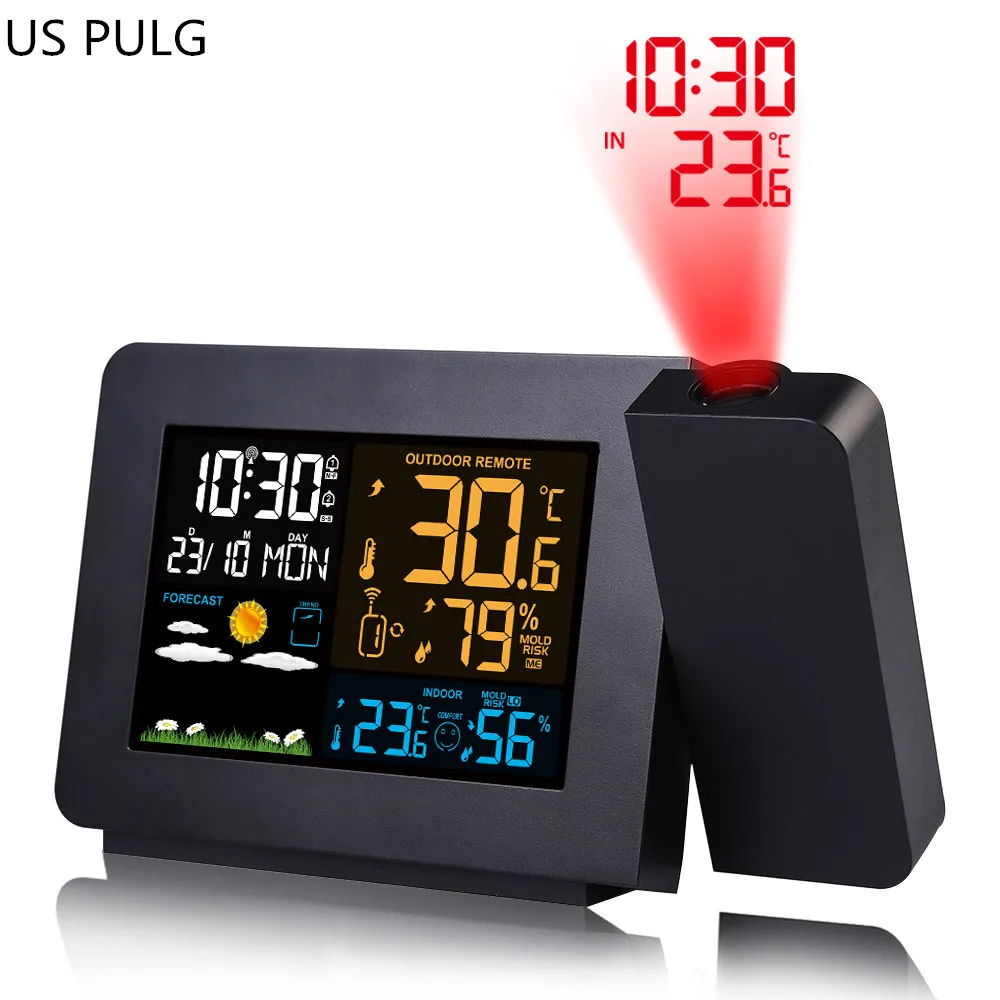 US PLUG 3 в 1 проекционные часы, термометр, гигрометр, Беспроводная метеостанция, цифровые часы, повтор, настольные часы, радиочасы - Цвет: US PLUG