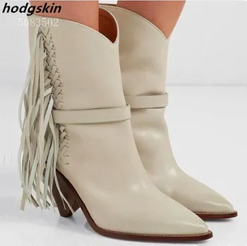 

white Leather Side Tassel Strappy Spikes Heels Women Ankle Boots Slip On Pointed Toe Shoes Woman Brand Design Zapatos