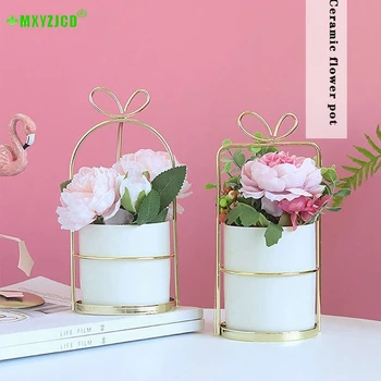 

Metal Frame Ceramic Simulation Vase Bow Portable Flower Pot Container Home Succulent Plant Potted Artificial Flower Ornaments