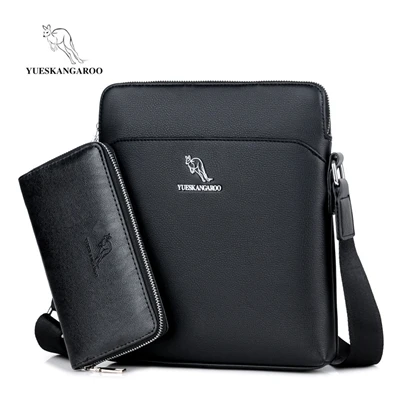 YUESKANGAROO, мужская сумка-мессенджер, кожаный деловой портфель, мужские известные роскошные сумки, маленькая сумка на плечо для мужчин, сумки через плечо - Цвет: Black Set